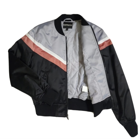 Express Bomber Jacket Satin Silky Quilted Women's Small Y2K Black Gray EUC Retro - Picture 2 of 10